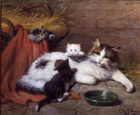 Cat with kittens à Léon Charles Huber
