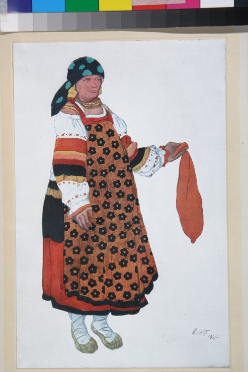 Peasant woman. Costume design for the Vaudeville "Old Moscow" at the Théâtre Femina in Paris à Leon Nikolajewitsch Bakst