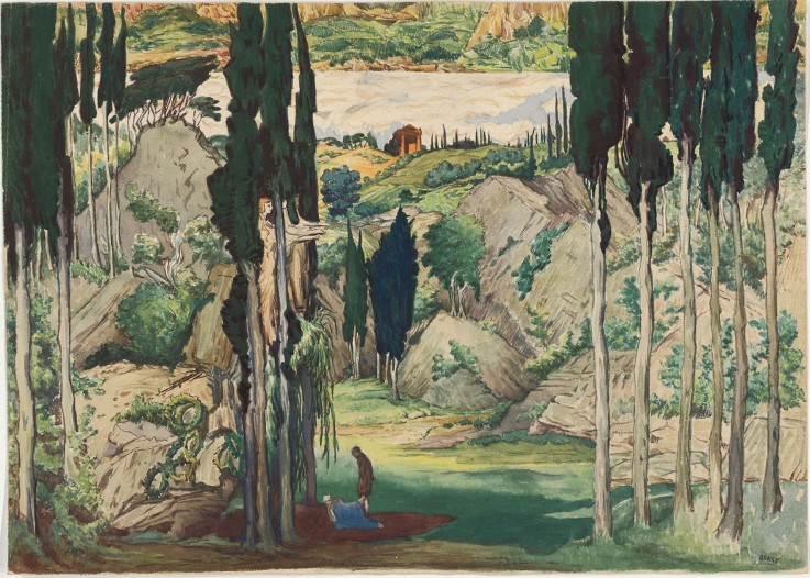 Stage design for the ballet Daphnis et Chloé by M. Ravel à Leon Nikolajewitsch Bakst