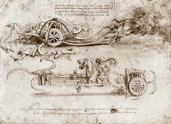 Battle chariots armed with scythes (pen & ink on paper) à Léonard de Vinci