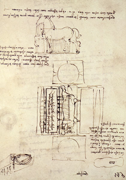 Codex Madrid I/149-R Sketch of a Horse and various other diagrams (pen & ink on paper) à Léonard de Vinci