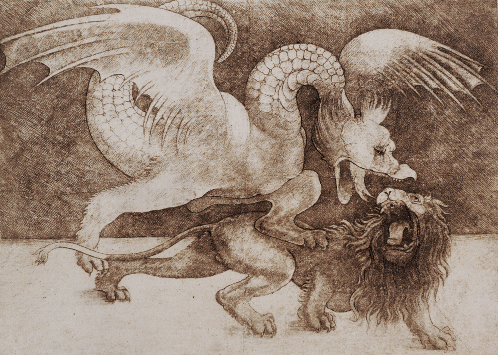 Fight between a Dragon and a Lion (pen and ink on paper) (print) à Léonard de Vinci
