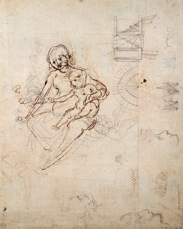 Studies for a Virgin and Child and of Heads in Profile and Machines, c.1478-80 (pencil and ink on pa à Léonard de Vinci