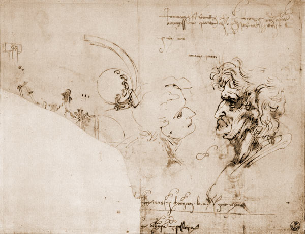 Study of two male heads, parts of machinery and mirror writing à Léonard de Vinci
