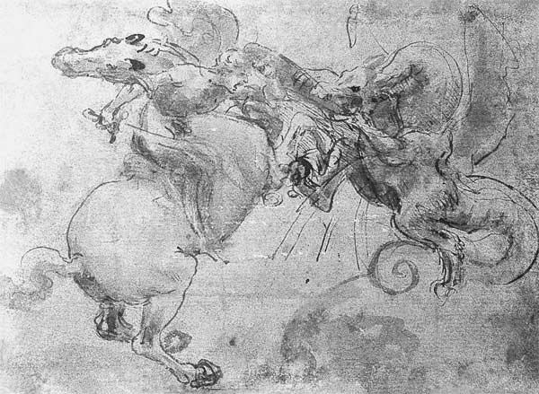 Battle between a Rider and a Dragon, c.1482 (stylus underdrawing, pen and brush on paper) à Léonard de Vinci