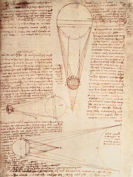 Codex Leicester f.1r: notes on the earth and moon, their sizes and relationships to the sun à Léonard de Vinci