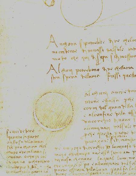 Codex Leicester. Folio 2 recto showing the outer luminosity of the moon (lumen cinerum) à Léonard de Vinci