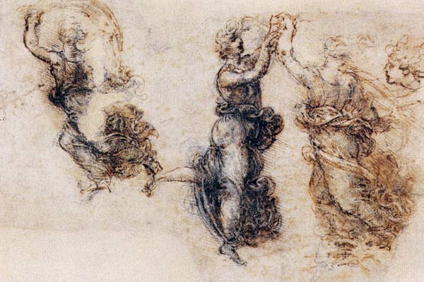 Three dancing figures and a study of a head (sepia & black ink on linen paper) à Léonard de Vinci