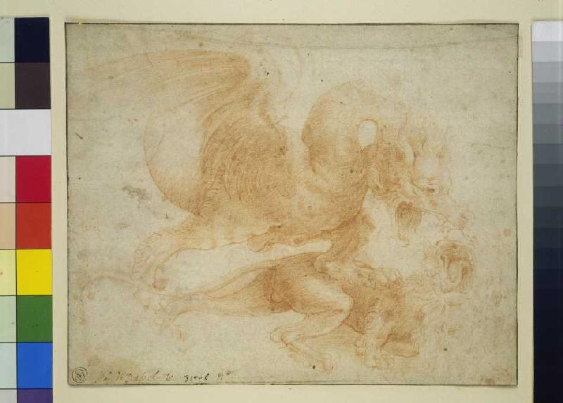 Ein Drache attakiert einen Löwen. à Léonard de Vinci