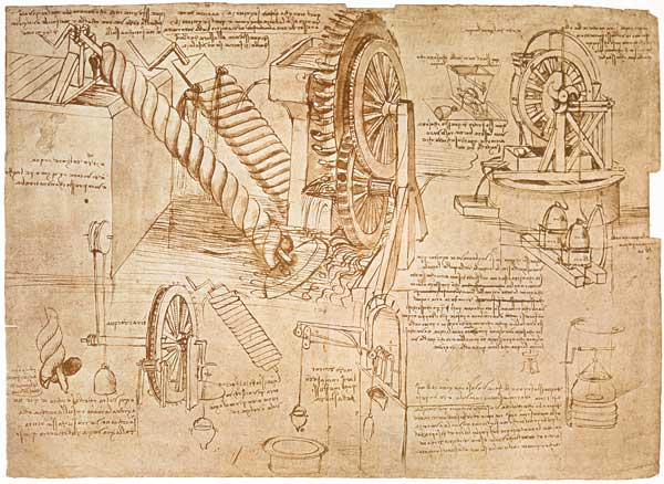 Facsimile of Codex Atlanticus f.386r Archimedes Screws and Water Wheels (original copy in the Biblio à Léonard de Vinci