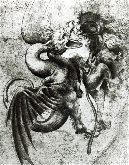 Fight between a Dragon and a Lion (brown ink with wash on paper) à Léonard de Vinci
