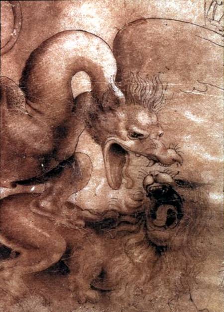 Fight between a dragon and a lion, a detail à Léonard de Vinci