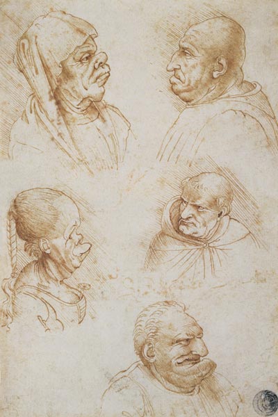 Five Studies of Grotesque Faces à Léonard de Vinci