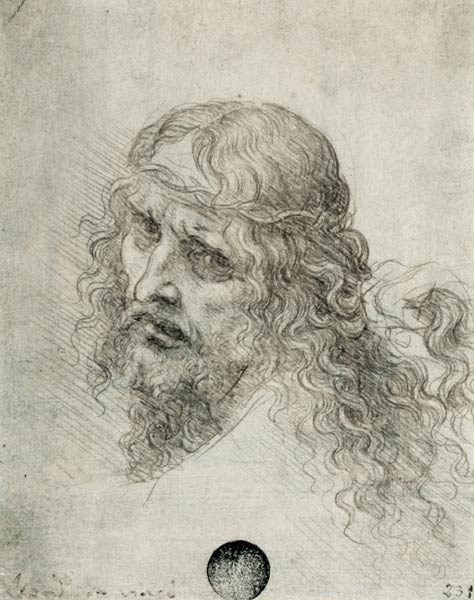 Head of Christ with a hand grasping his hair (black chalk on linen paper) à Léonard de Vinci
