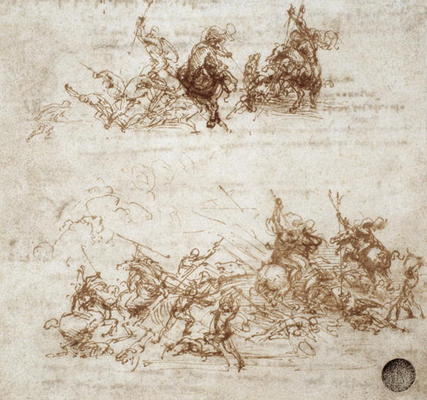 Page from a notebook showing figures fighting on horseback and on foot (sepia ink on linen paper) à Léonard de Vinci