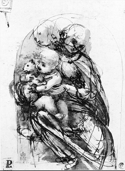 Study for a Madonna with a Cat, c.1478-80 (pen & ink over stylus underdrawing on paper) à Léonard de Vinci