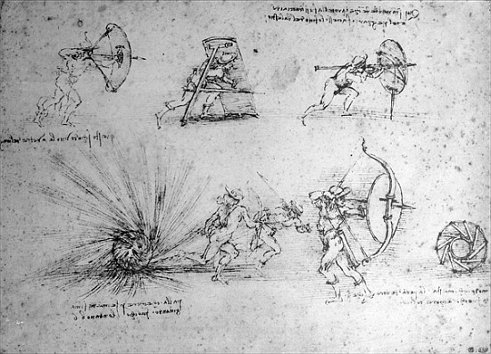 Study with Shields for Foot Soldiers and an Exploding Bomb, c.1485-88 (pen and ink on paper) à Léonard de Vinci