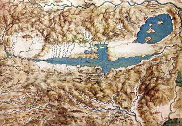 Topographic View of the Countryside around the Plain of Arezzo and the Val di Chiana à Léonard de Vinci