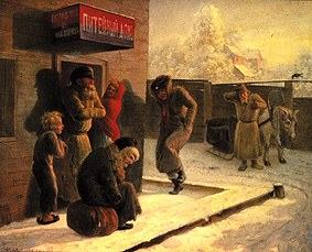 devant un bar russe en hiver à Leonid Solomatkin