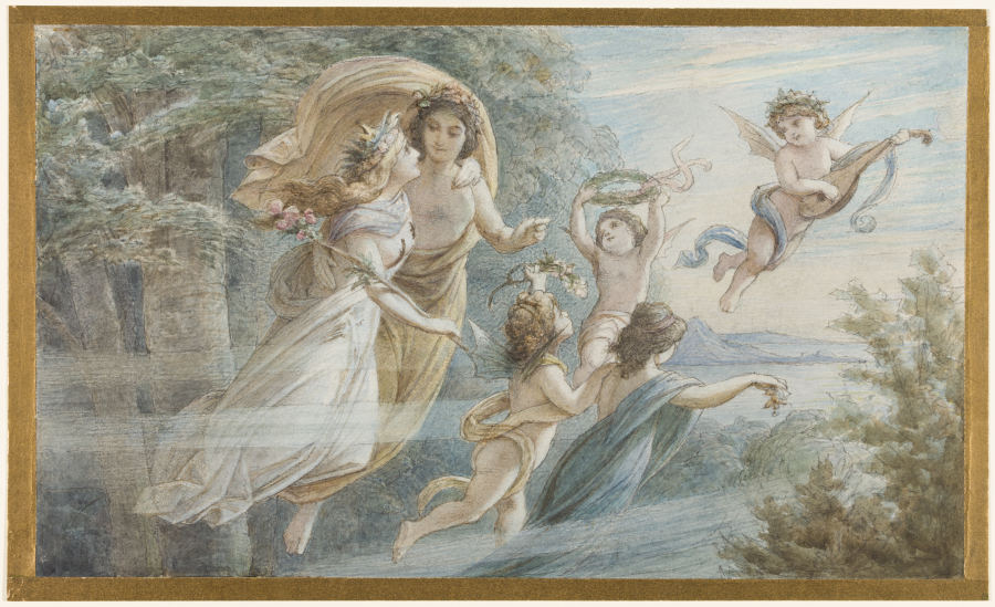 Das schwebende Königspaar Oberon und Titania, begleitet von weiteren Elfen à Leopold von Bode