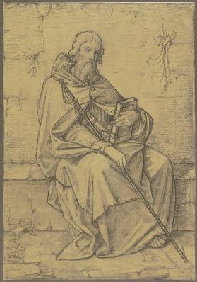 Der Heilige Thomas von Aquin in ganzer Figur an alten Gemäuern sitzend