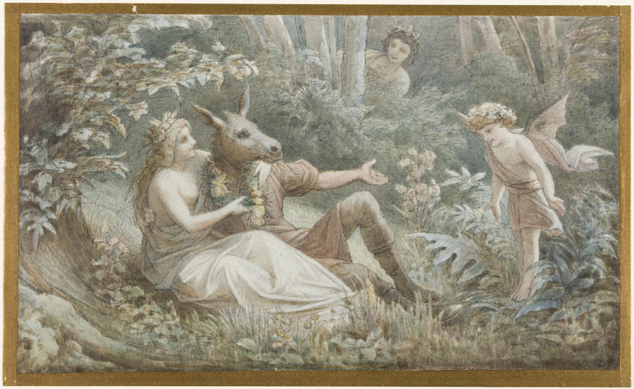 Die Elfenkönigin Titania bekränzt den neben ihr sitzenden, eselköpfigen Nick Bottom à Leopold von Bode