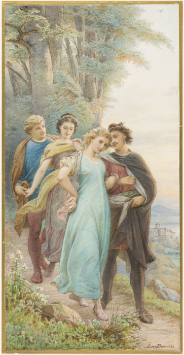 Die wieder vereinten Brautpaare auf dem Weg aus dem Wald, vorn Helena und Demetrius, dahinter Hermia à Leopold von Bode