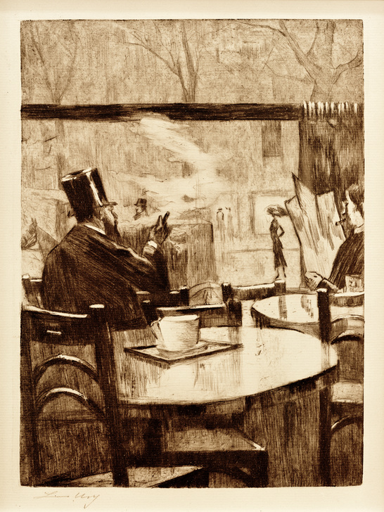 Herr mit Zylinder vor einem Kaffeehausfenster - In Rückenansicht à Lesser Ury
