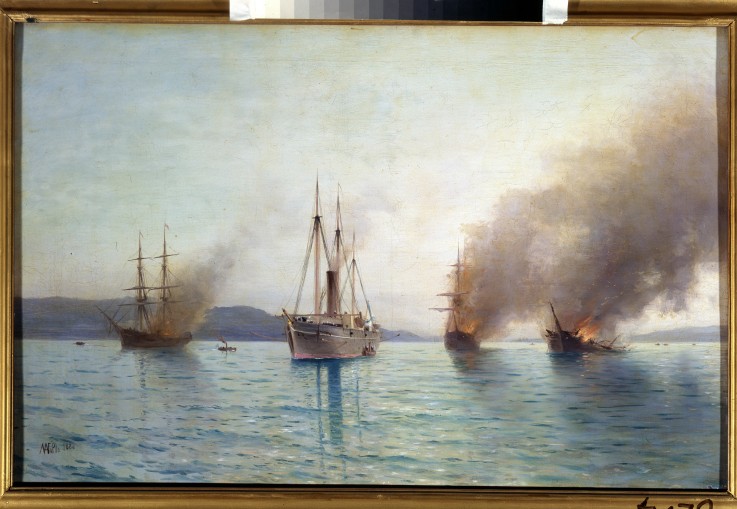 Russian torpedo boat tender Grand Duke Konstantin destroying the Turkish ships at Bosphorus on 1877 à Lew Felixowitsch Lagorio