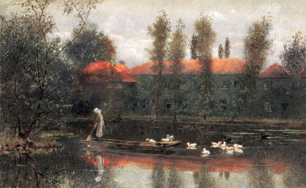 The Pond of William Morris Works at Merton Abbey (w/c and gouache on paper) à Lexden L. Pocock