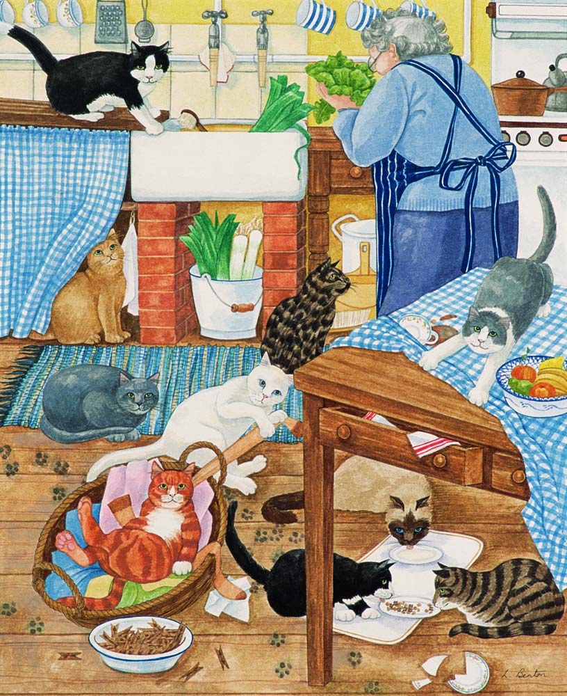 Grandma and 10 cats in the kitchen à Linda  Benton