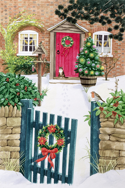 Snowy Front Garden (gouache on paper)  à Linda  Benton
