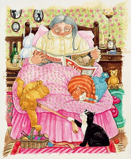 Grandma and 2 cats and a pink bed à Linda  Benton