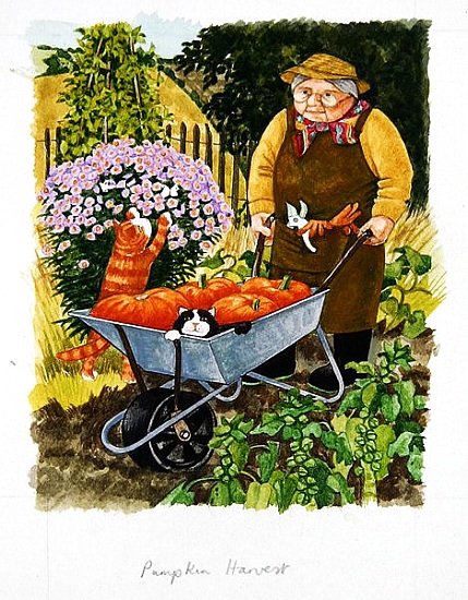 Grandma and 2 cats and pumpkin harvest à Linda  Benton