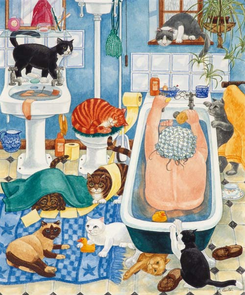 Grandma and 10 cats in the bathroom à Linda  Benton