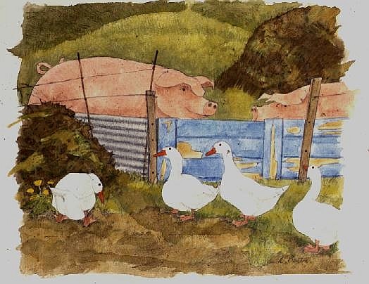 Pigs, Midden and Geese à Linda  Benton