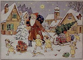 Représentation d'un vieux Advents - calendriers : Le Saint Nicolas vient avec ses cadeaux