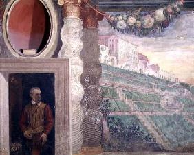 The main salon, detail of decoration depicting the Villa d'Este and a man in a doorway