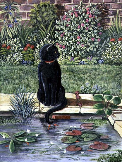 Black cat by a pond, 1983 (gouache)  à Liz  Wright