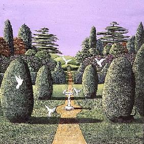 Topiary and doves, 1985 (gouache) 