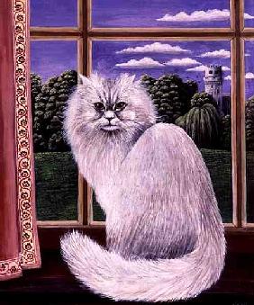 White cat at Warwick, 1979 (gouache) 