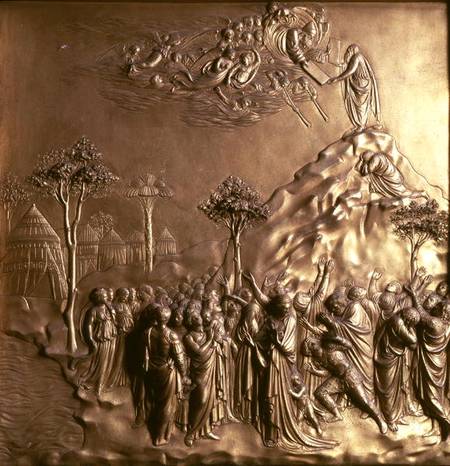 Moses receiving the Tablets of the Law, one of ten relief panels from the Gates of Paradise (East do à Lorenzo  Ghiberti