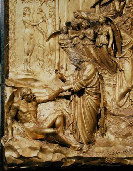 The Story of Adam, detail of the Creation of Adam and the Temptation of Adam and Eve, from one of th à Lorenzo  Ghiberti