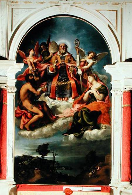 St. Nicholas in Glory with St. John the Baptist, St. Lucy and below St. George Slaying the Dragon à Lorenzo Lotto