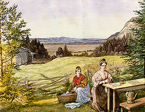 Vue sur un paysage de colline avec deux femmes à une table. à Lorenzo Quaglio le Jeune