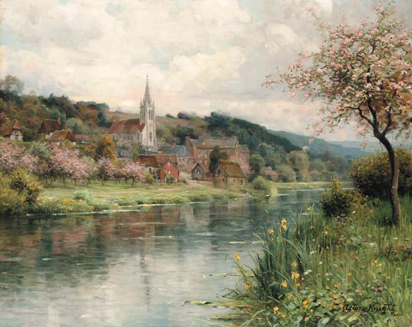 View of a village at a river à Louis Aston Knight