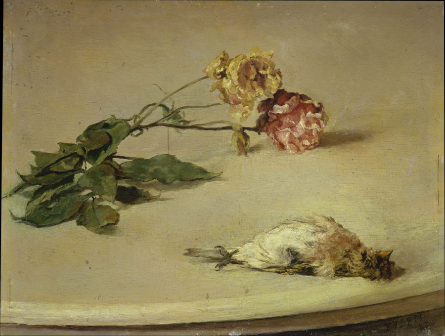 Dead Bird and Two Roses on a Table Board à Louis Eysen