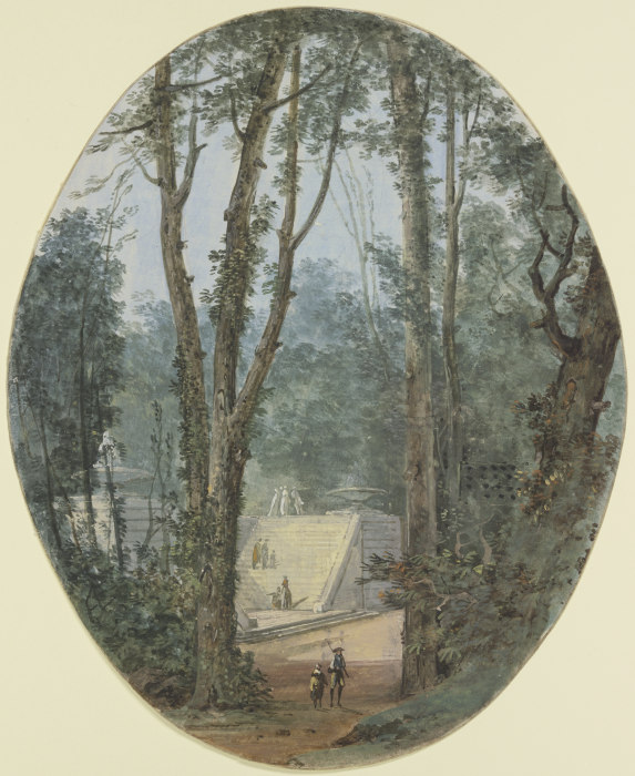 Parklandschaft mit hohen Bäumen und dem Blick auf einen Treppenanstieg im Mittelgrund à Louis Gabriel Moreau