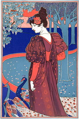 Woman with Peacocks, from 'L'Estampe Moderne', published Paris 1897-99 (colour litho) à Louis John Rhead