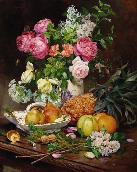 Stillleben mit Blumenstrauß und Früchten à Louis Marie de Schryver